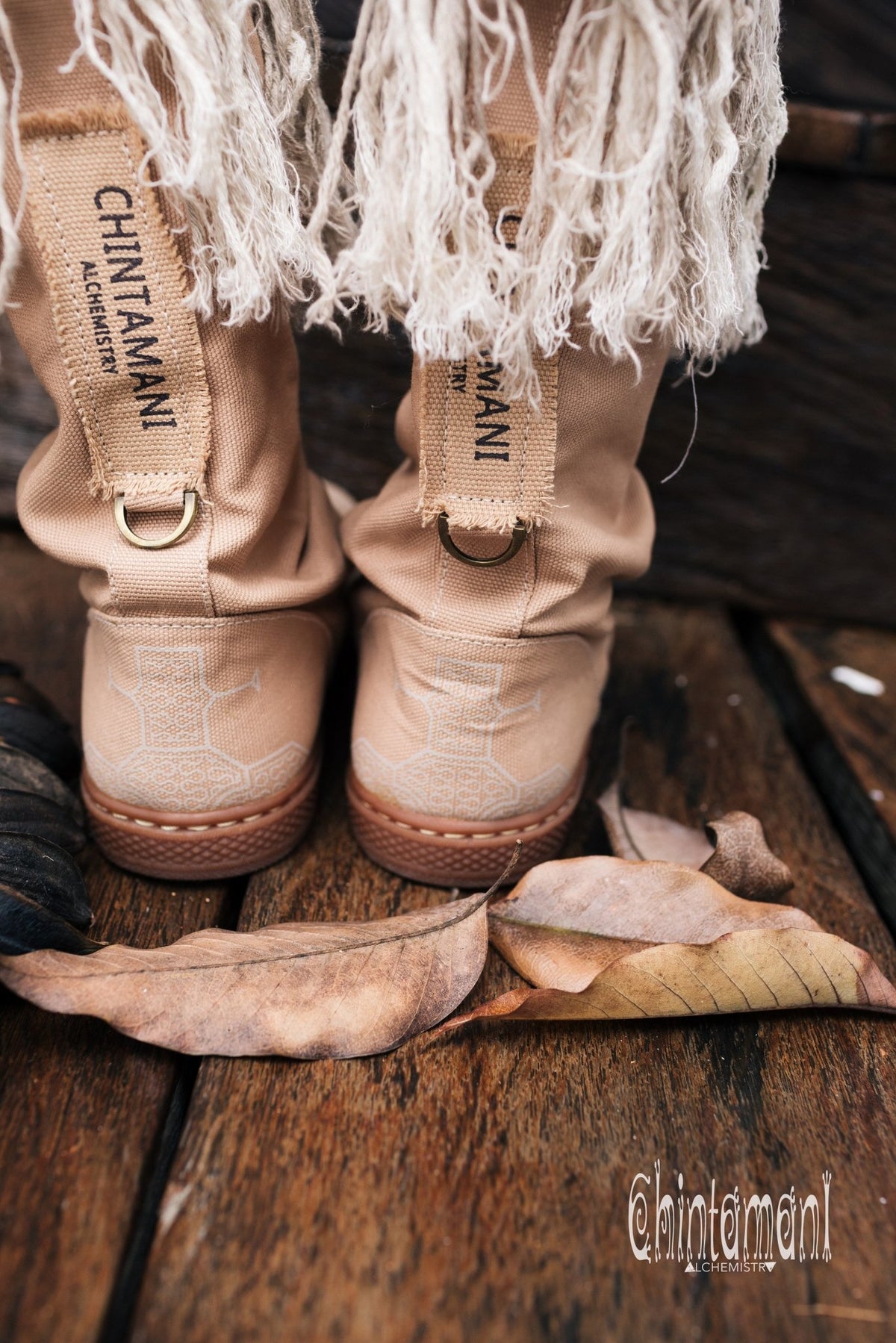 Alma Libra Cotton Canvas Vegan Fringe Boots / Boho High Shoes / Beige - ChintamaniAlchemi