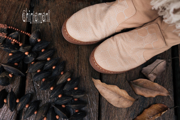 Alma Libra Cotton Canvas Vegan Fringe Boots / Boho High Shoes / Beige - ChintamaniAlchemi