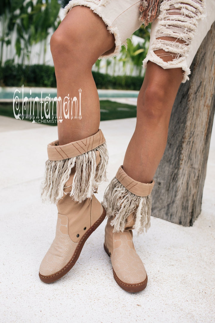 Alma Libra Cotton Canvas Vegan Fringe Boots / Boho High Shoes / Beige - ChintamaniAlchemi