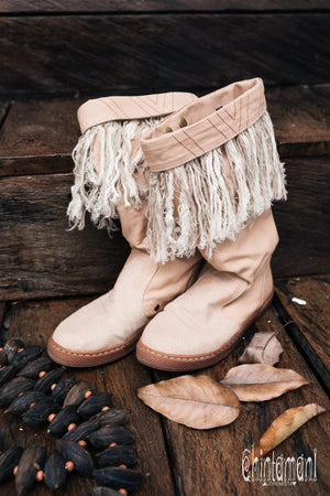 Alma Libra Cotton Canvas Vegan Fringe Boots / Boho High Shoes / Beige - ChintamaniAlchemi