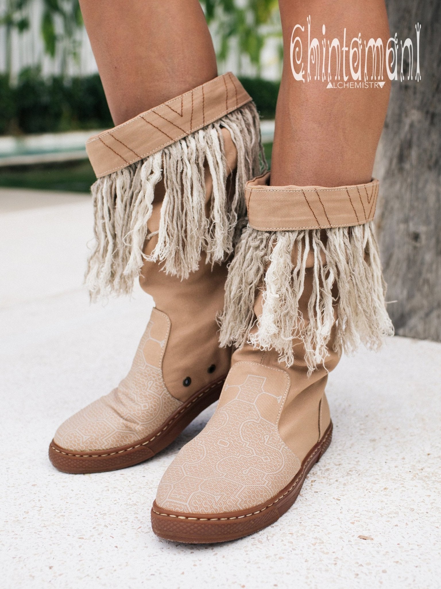 Alma Libra Cotton Canvas Vegan Fringe Boots / Boho High Shoes / Beige - ChintamaniAlchemi