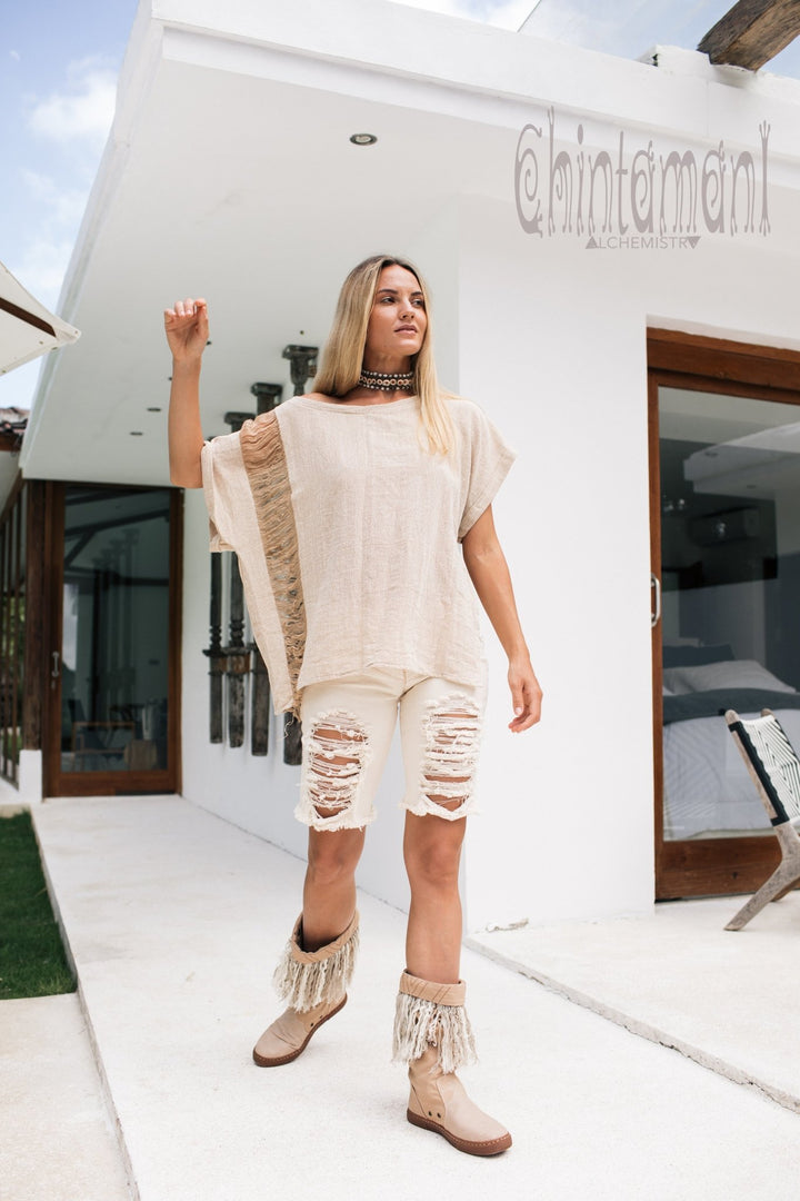 Alma Libra Cotton Canvas Vegan Fringe Boots / Boho High Shoes / Beige - ChintamaniAlchemi
