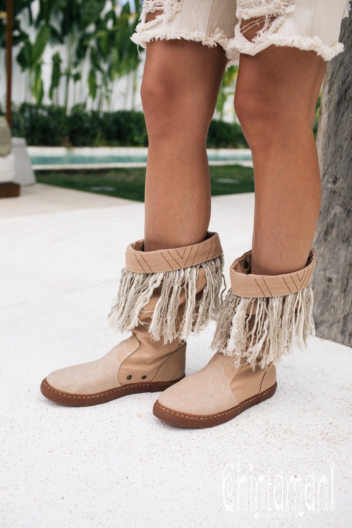 Alma Libra Cotton Canvas Vegan Fringe Boots / Boho High Shoes / Beige - ChintamaniAlchemi