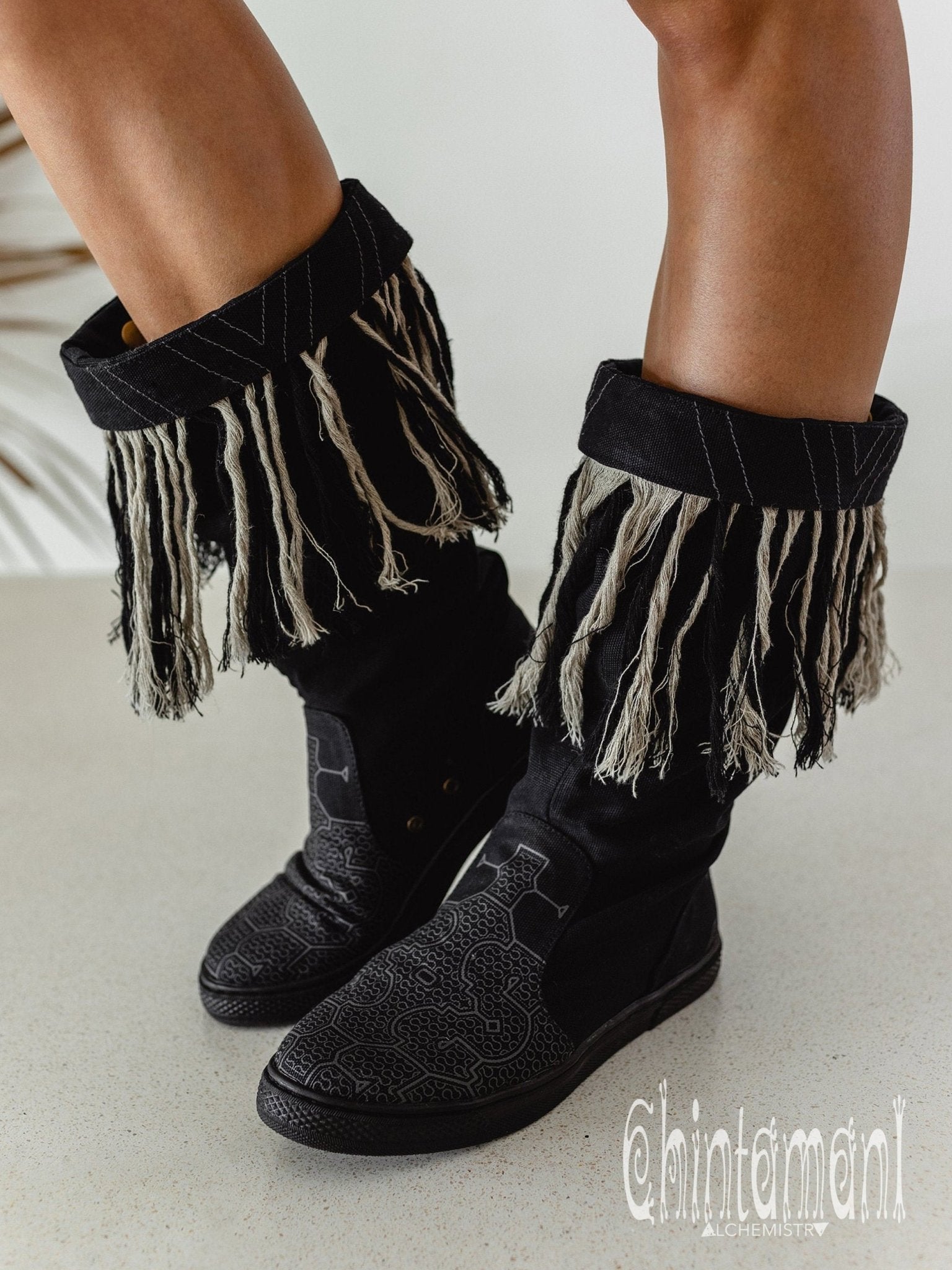 Alma Libra Cotton Canvas Vegan Fringe Boots / Boho High Shoes / Black - ChintamaniAlchemi