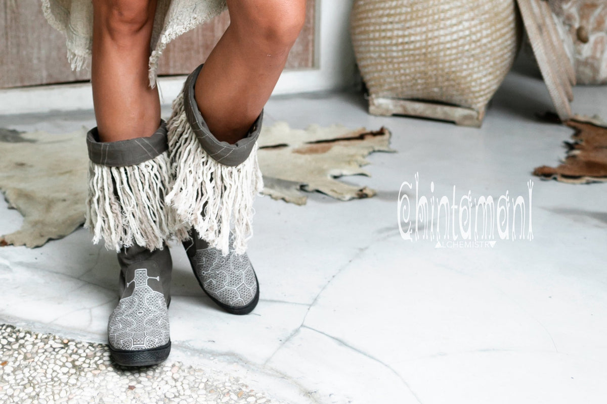 Alma Libra Cotton Canvas Vegan Fringe Boots / Boho High Shoes / Gray - ChintamaniAlchemi