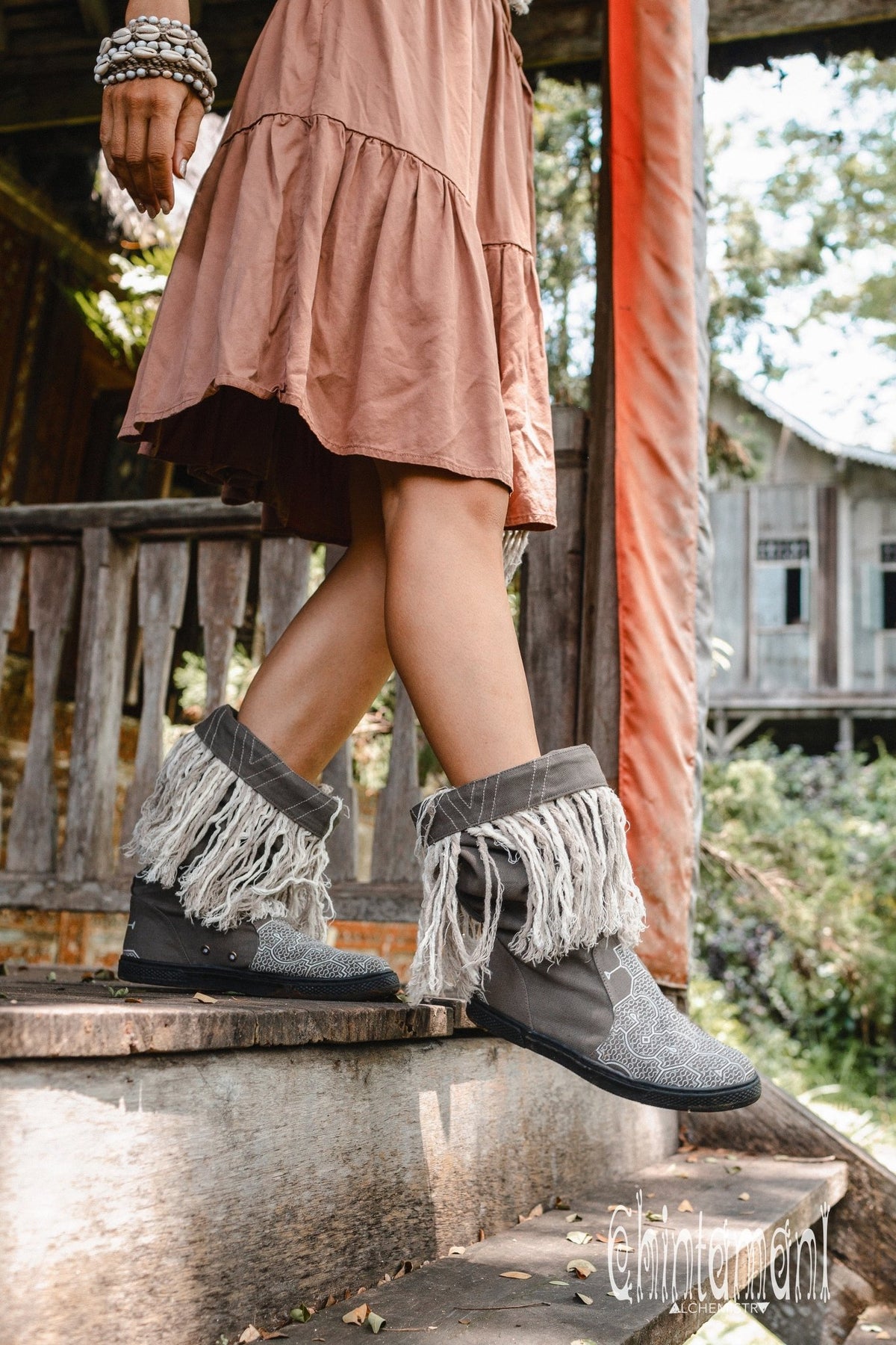 Alma Libra Cotton Canvas Vegan Fringe Boots / Boho High Shoes / Gray - ChintamaniAlchemi