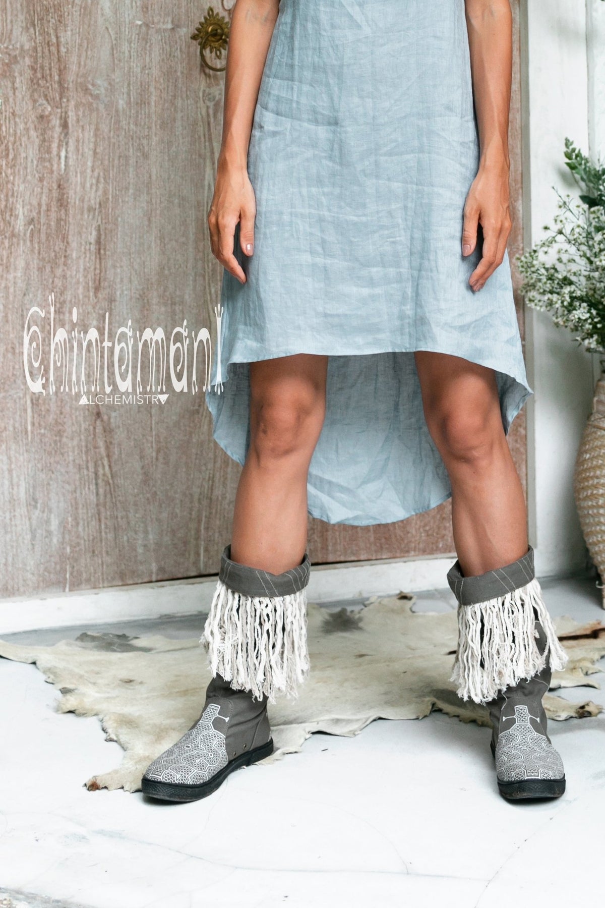 Alma Libra Cotton Canvas Vegan Fringe Boots / Boho High Shoes / Gray - ChintamaniAlchemi