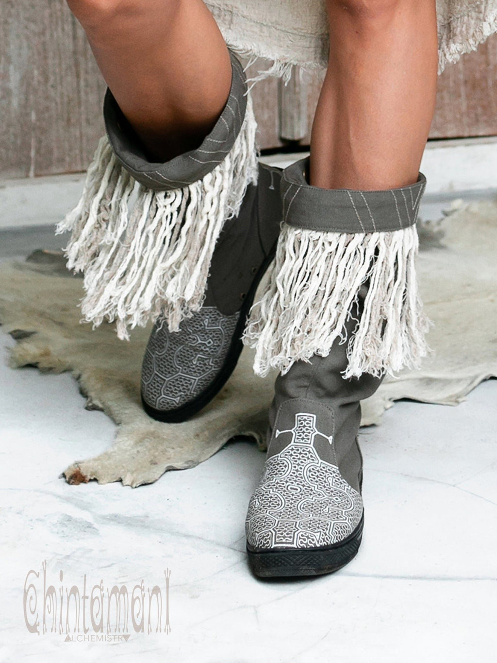 Alma Libra Cotton Canvas Vegan Fringe Boots / Boho High Shoes / Gray - ChintamaniAlchemi