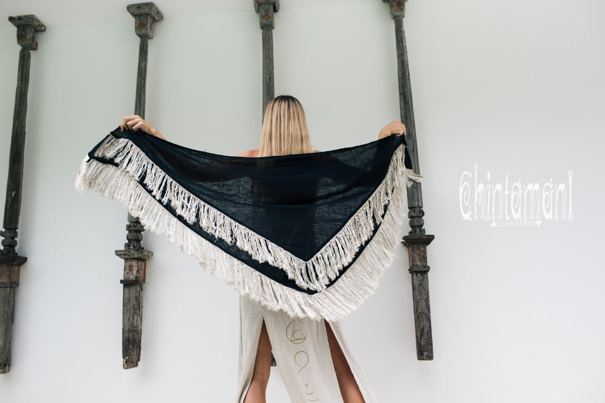 Alma Libra Fringe Boho Shawl ∆ Bohemian Scarf / Black - ChintamaniAlchemi