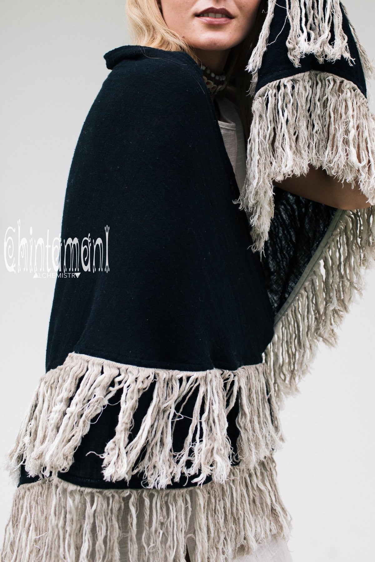 Alma Libra Fringe Boho Shawl ∆ Bohemian Scarf / Black - ChintamaniAlchemi