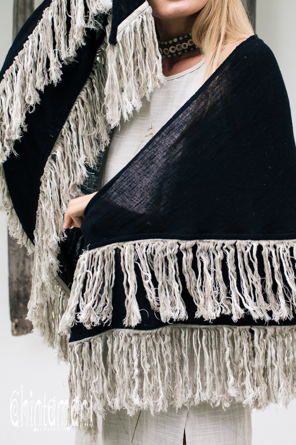 Alma Libra Fringe Boho Shawl ∆ Bohemian Scarf / Black - ChintamaniAlchemi