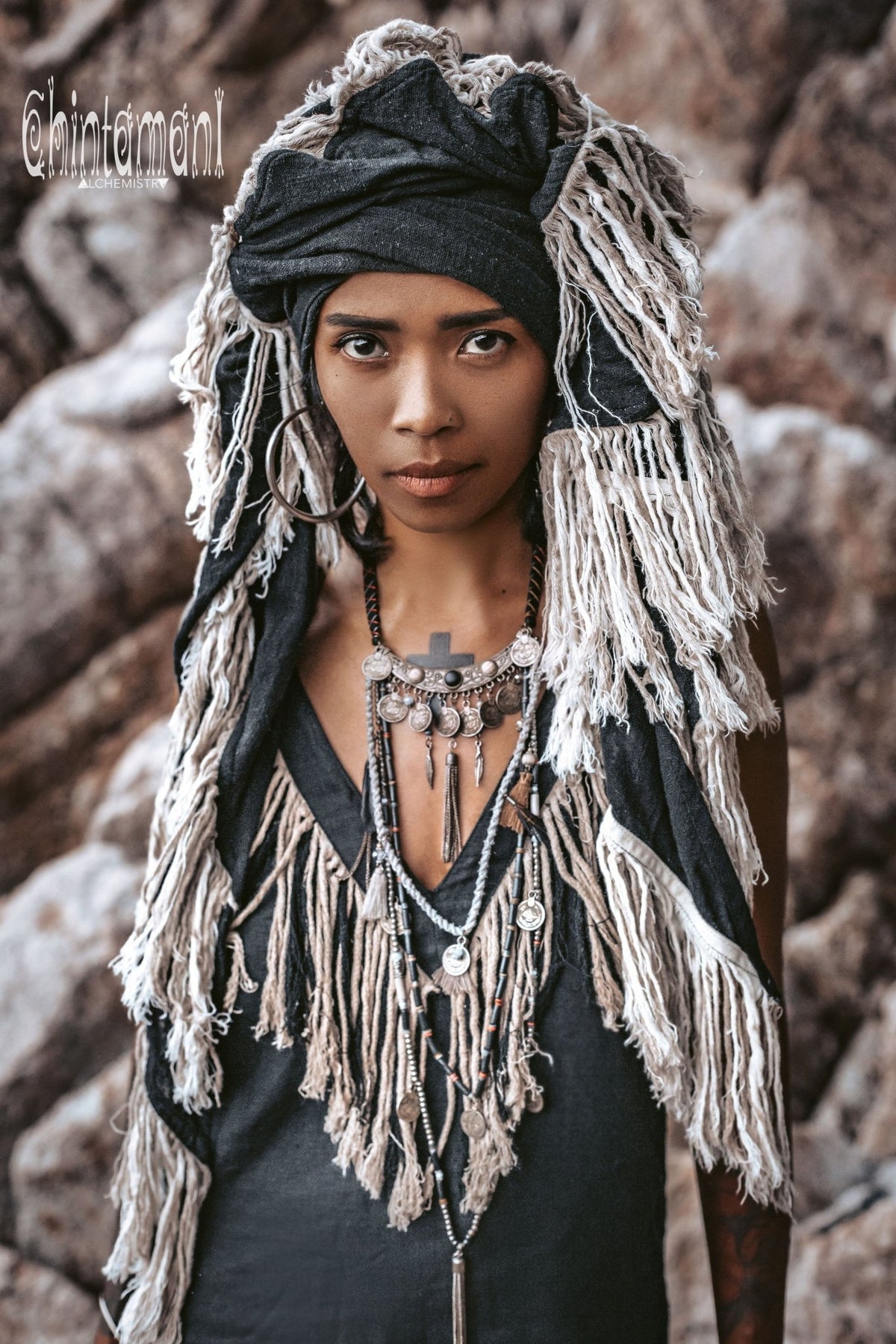 Alma Libra Fringe Boho Shawl ∆ Bohemian Scarf / Black - ChintamaniAlchemi