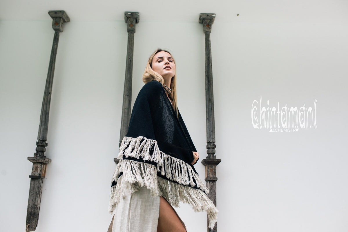 Alma Libra Fringe Boho Shawl ∆ Bohemian Scarf / Black - ChintamaniAlchemi