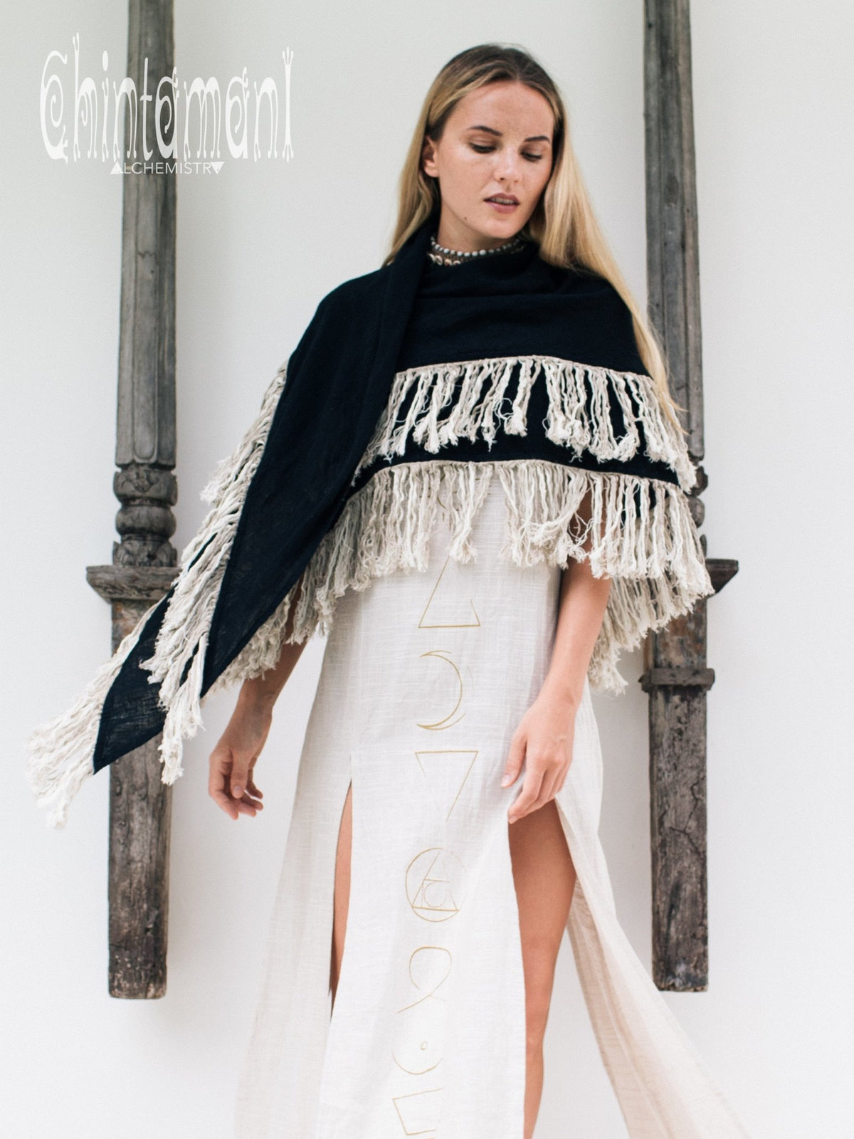 Alma Libra Fringe Boho Shawl ∆ Bohemian Scarf / Black - ChintamaniAlchemi