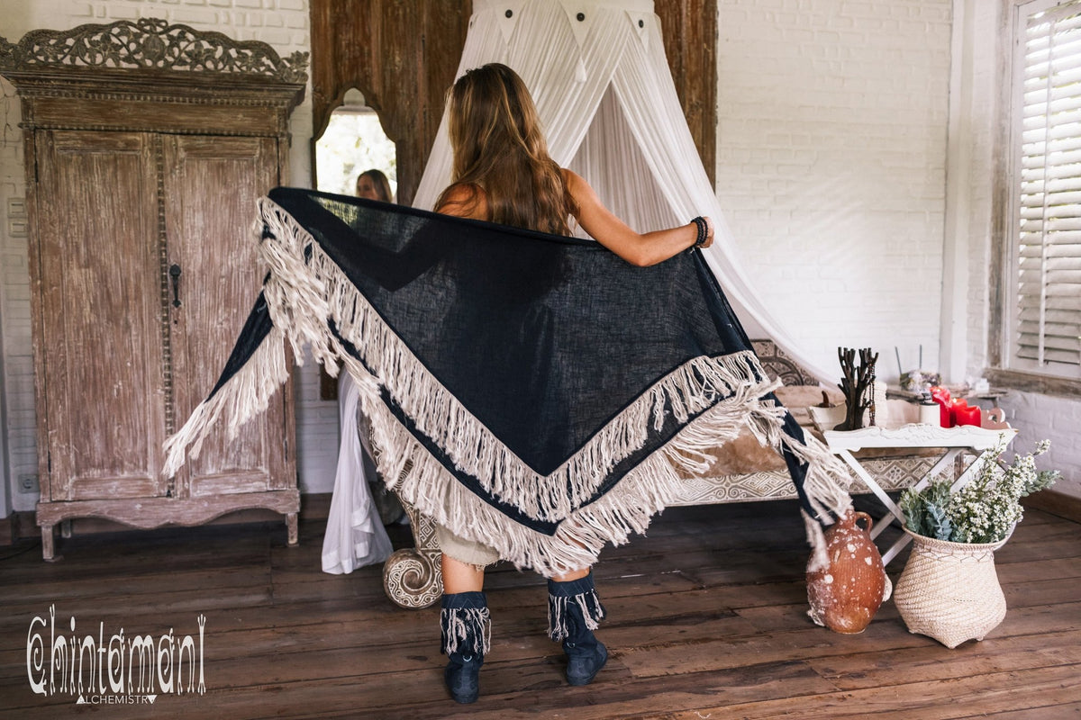 Alma Libra Fringe Boho Shawl ∆ Bohemian Scarf / Black - ChintamaniAlchemi