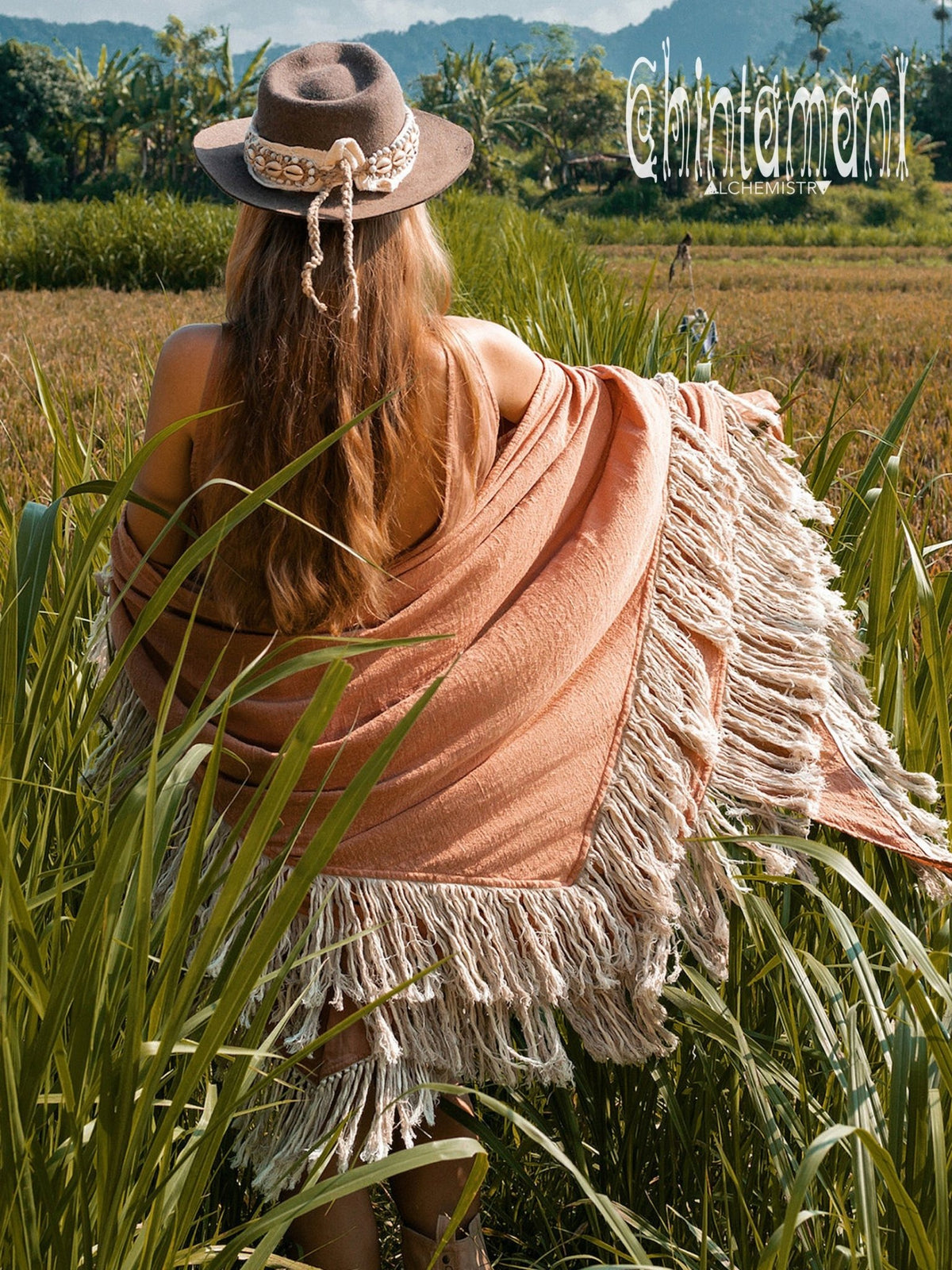 Alma Libra Fringe Boho Shawl ∆ Bohemian Scarf / Dusty Pink - ChintamaniAlchemi