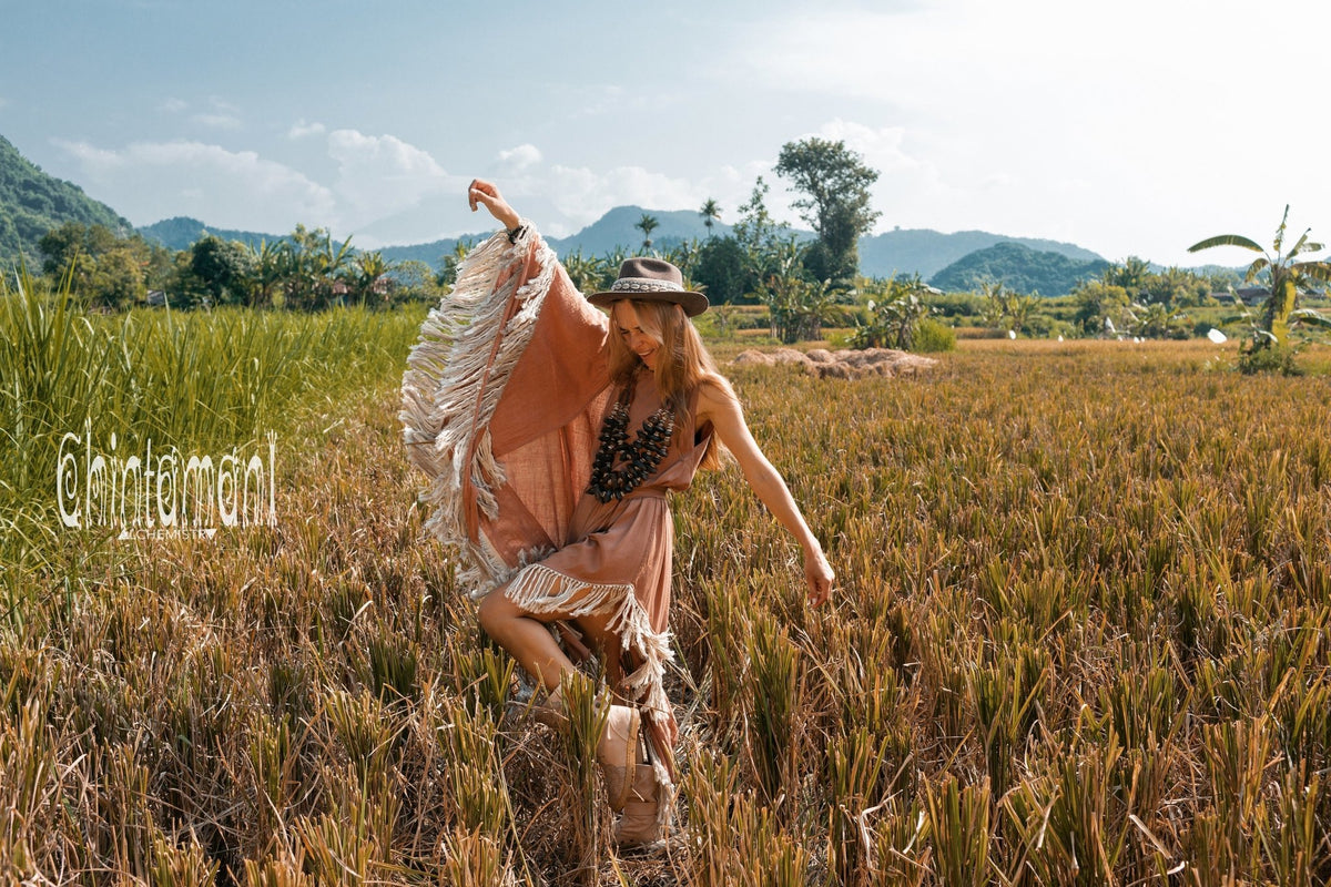 Alma Libra Fringe Boho Shawl ∆ Bohemian Scarf / Dusty Pink - ChintamaniAlchemi