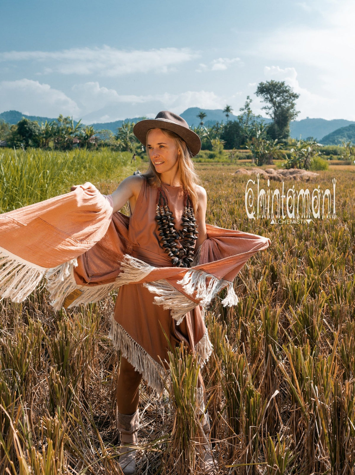 Alma Libra Fringe Boho Shawl ∆ Bohemian Scarf / Dusty Pink - ChintamaniAlchemi