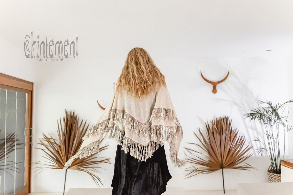 Alma Libra Fringe Boho Shawl ∆ Bohemian Scarf / Off White - ChintamaniAlchemi