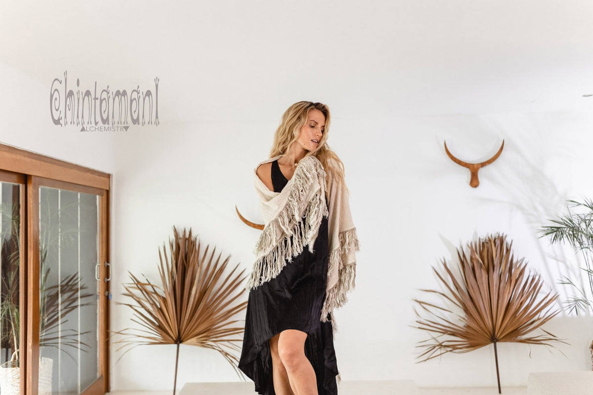 Alma Libra Fringe Boho Shawl ∆ Bohemian Scarf / Off White - ChintamaniAlchemi