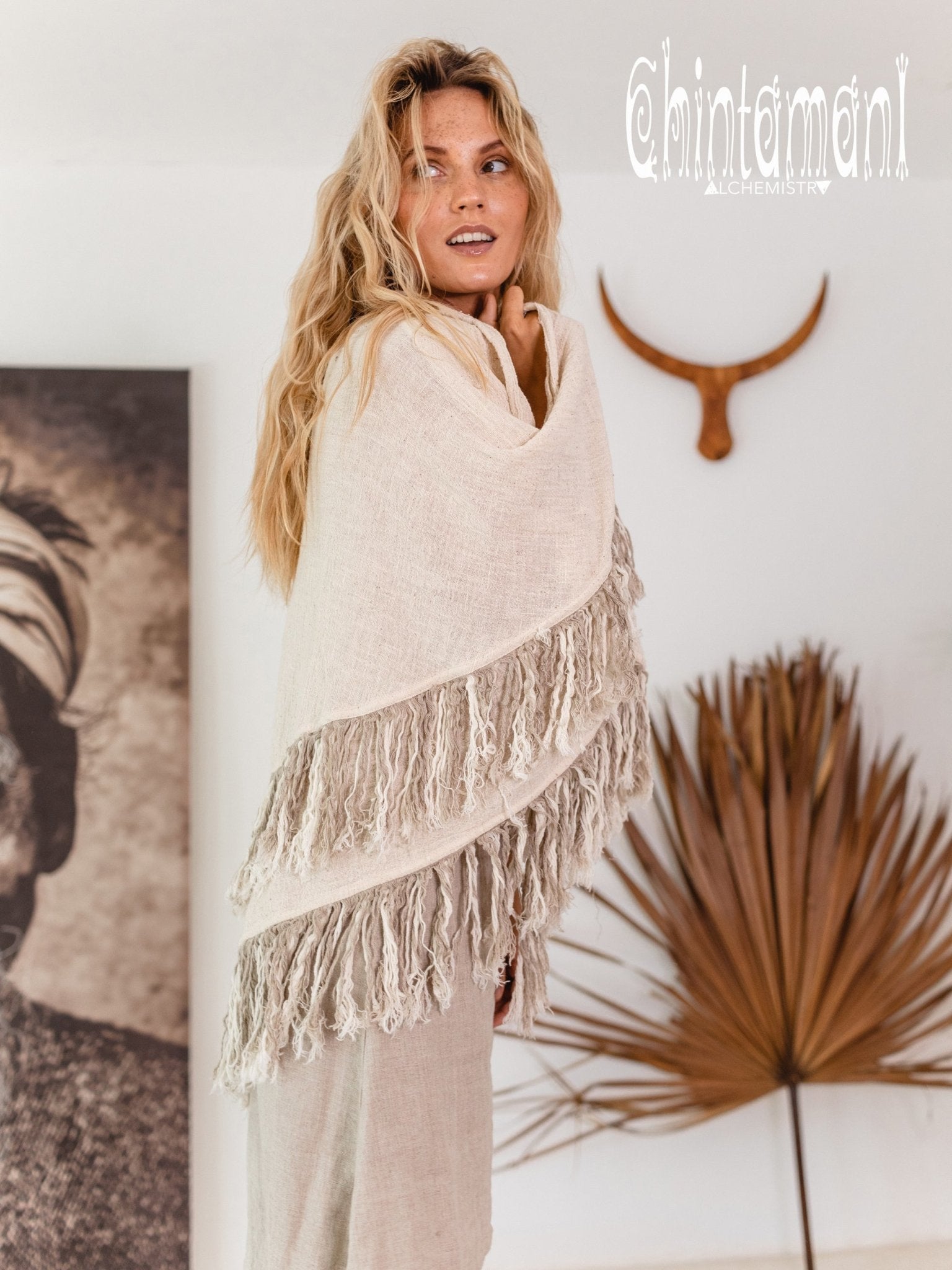 Alma Libra Fringe Boho Shawl ∆ Bohemian Scarf / Off White - ChintamaniAlchemi