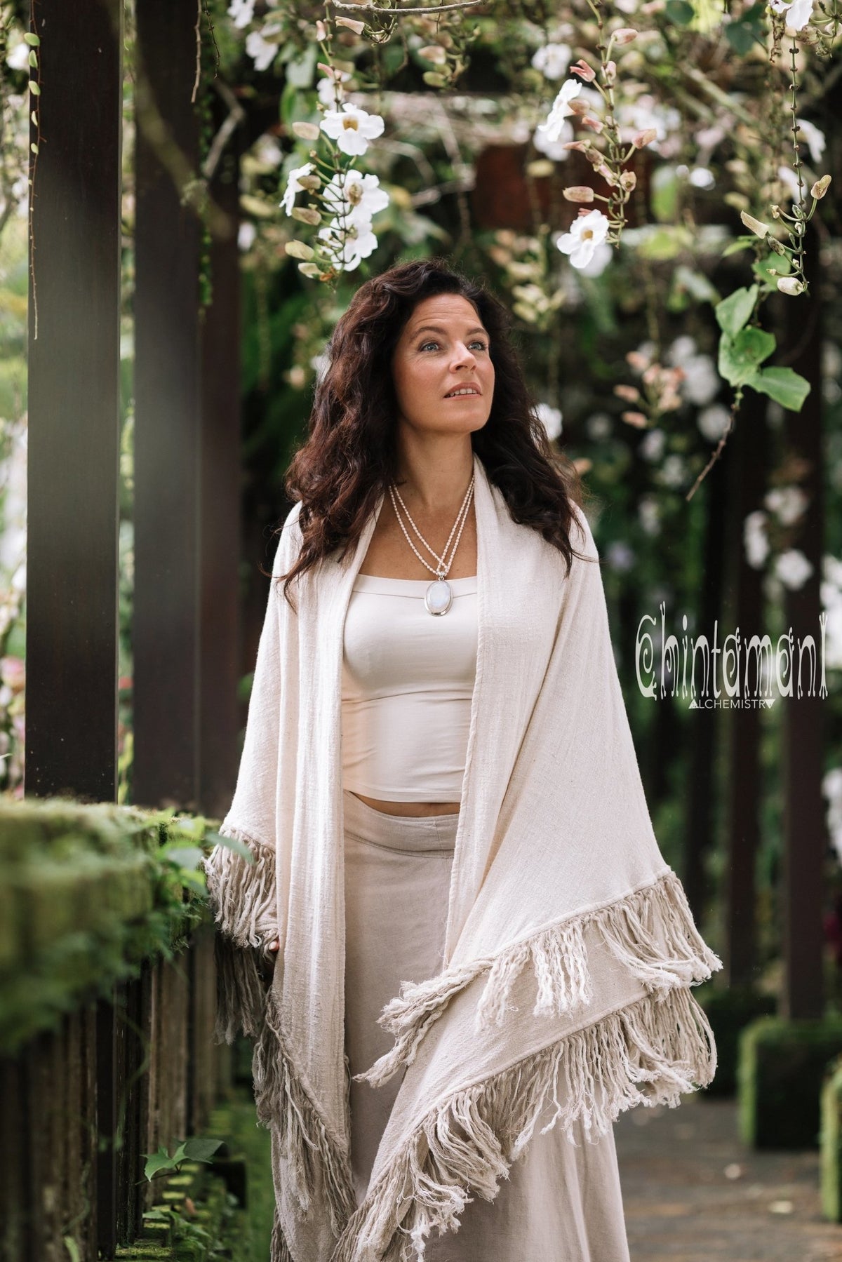 Alma Libra Fringe Boho Shawl ∆ Bohemian Scarf / Off White - ChintamaniAlchemi