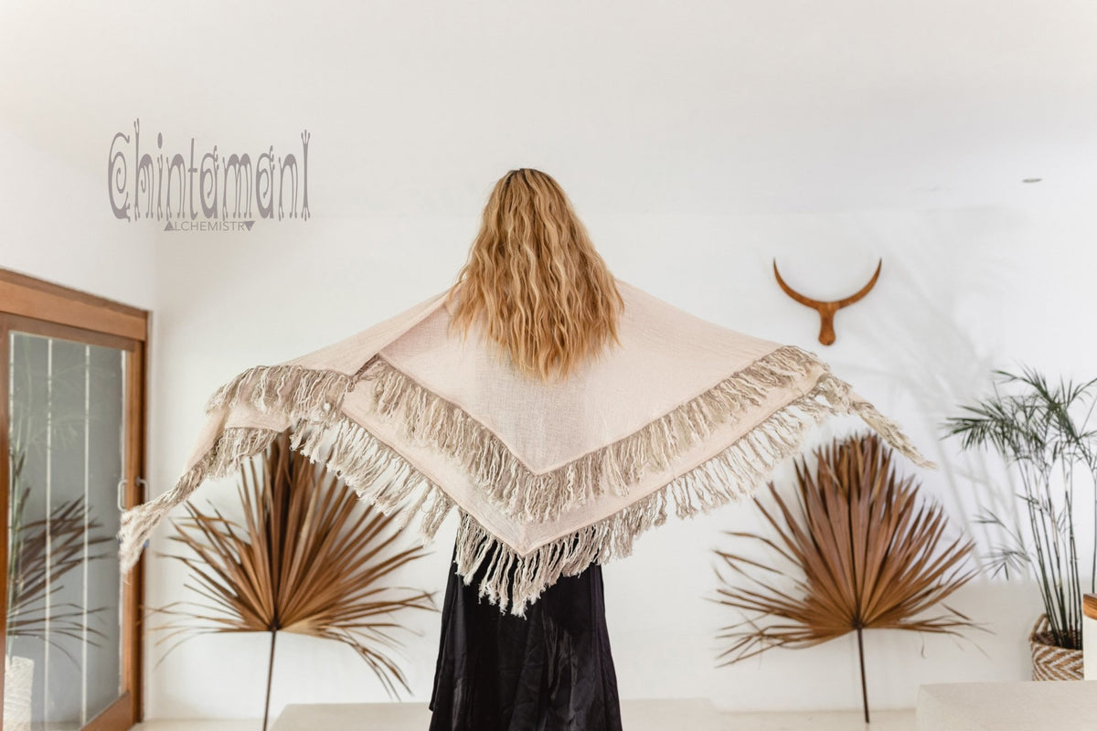 Alma Libra Fringe Boho Shawl ∆ Bohemian Scarf / Off White - ChintamaniAlchemi