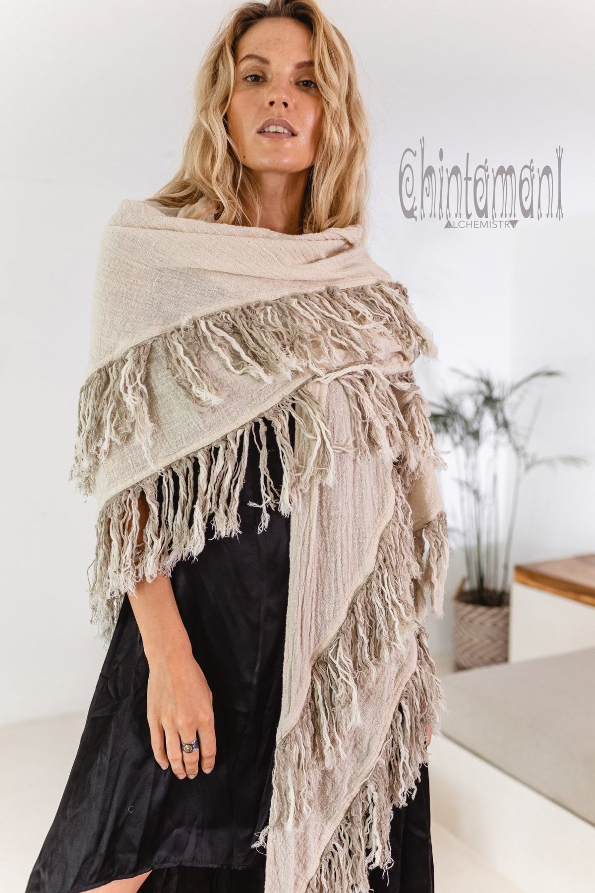 Alma Libra Fringe Boho Shawl ∆ Bohemian Scarf / Off White - ChintamaniAlchemi