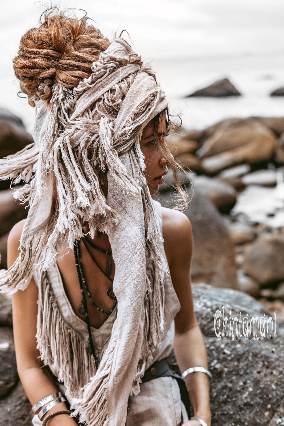 Alma Libra Fringe Boho Shawl ∆ Bohemian Scarf / Off White - ChintamaniAlchemi