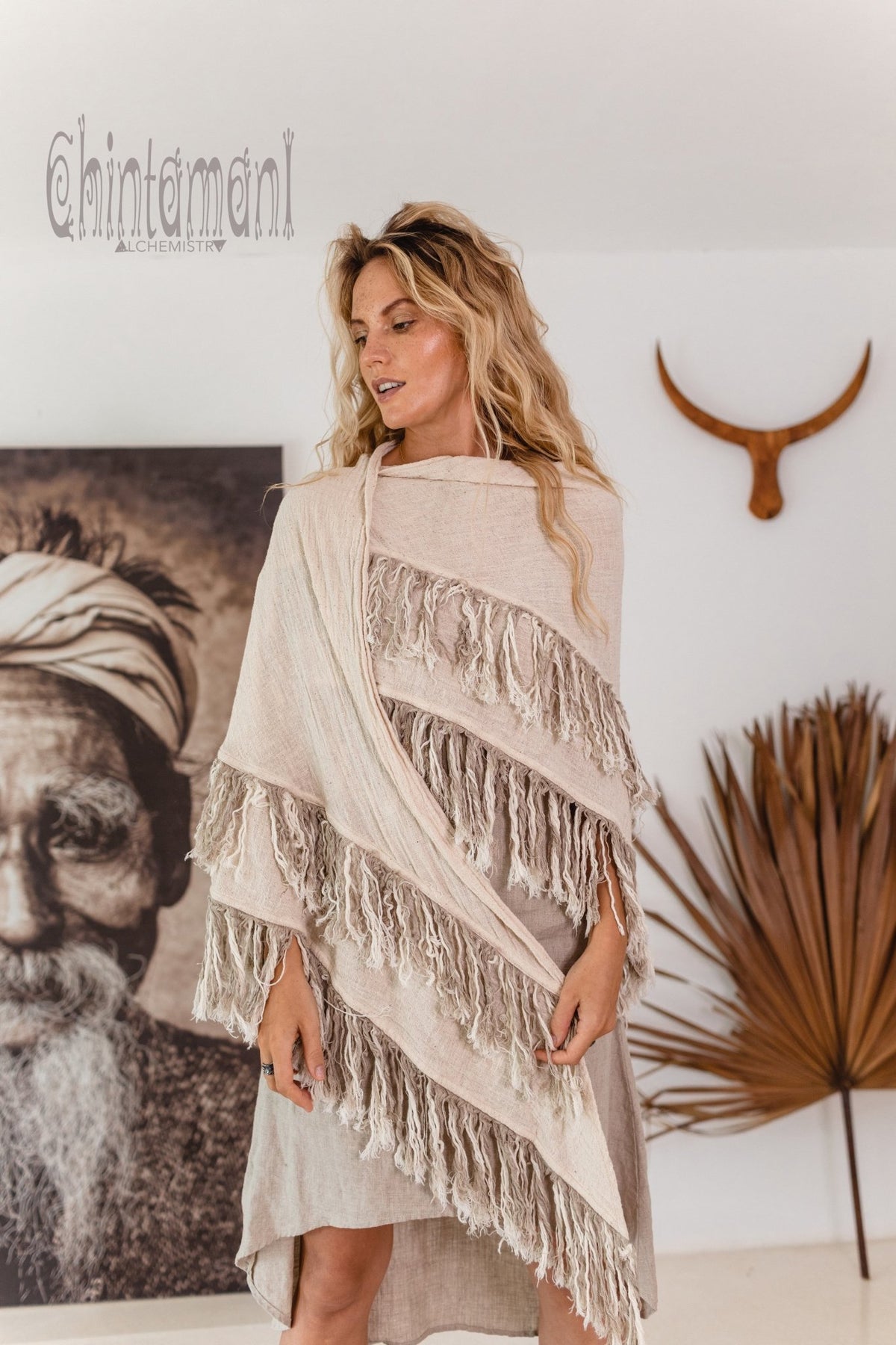 Alma Libra Fringe Boho Shawl ∆ Bohemian Scarf / Off White - ChintamaniAlchemi