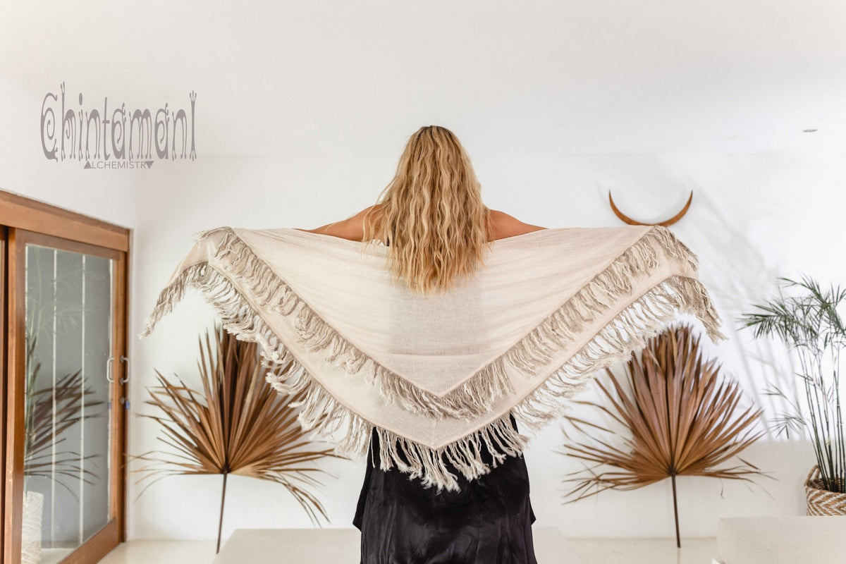 Alma Libra Fringe Boho Shawl ∆ Bohemian Scarf / Off White - ChintamaniAlchemi