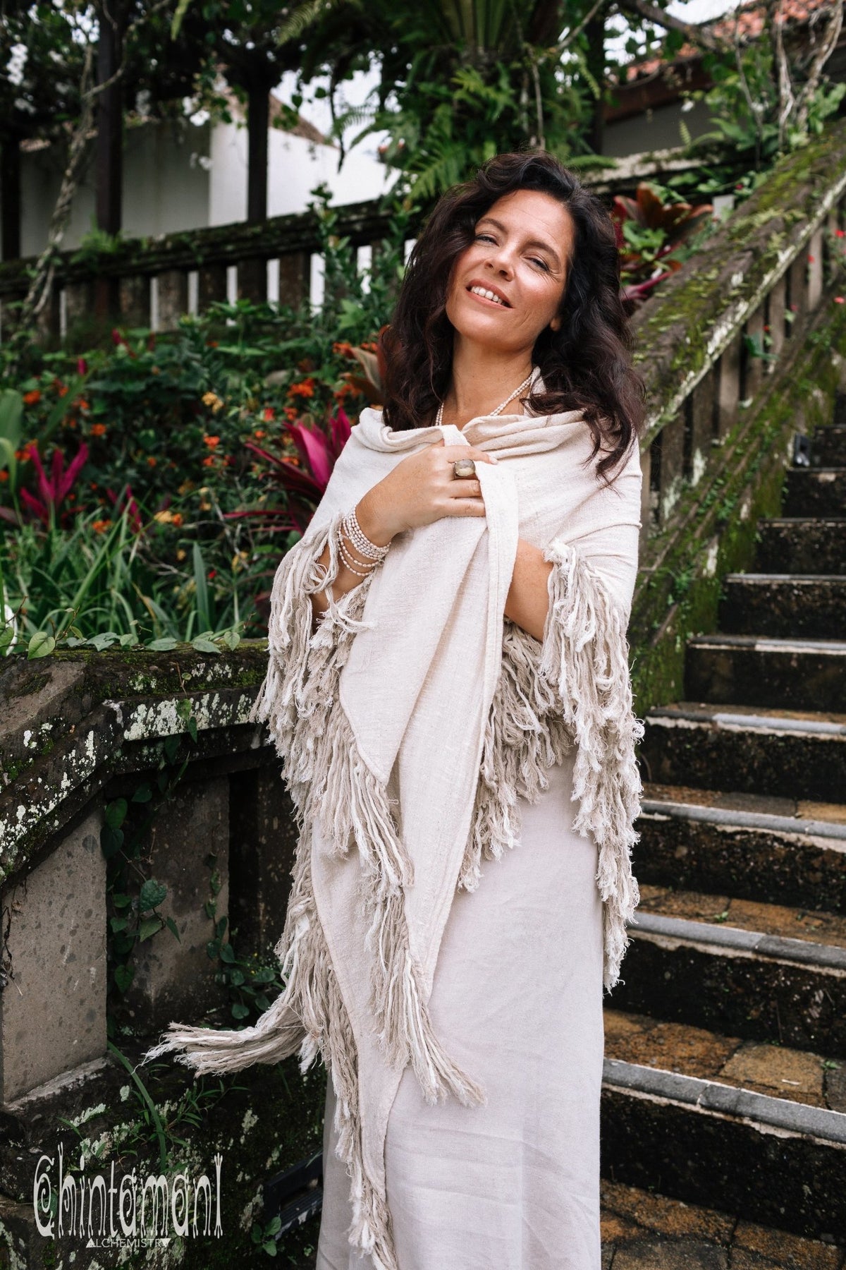 Alma Libra Fringe Boho Shawl ∆ Bohemian Scarf / Off White - ChintamaniAlchemi