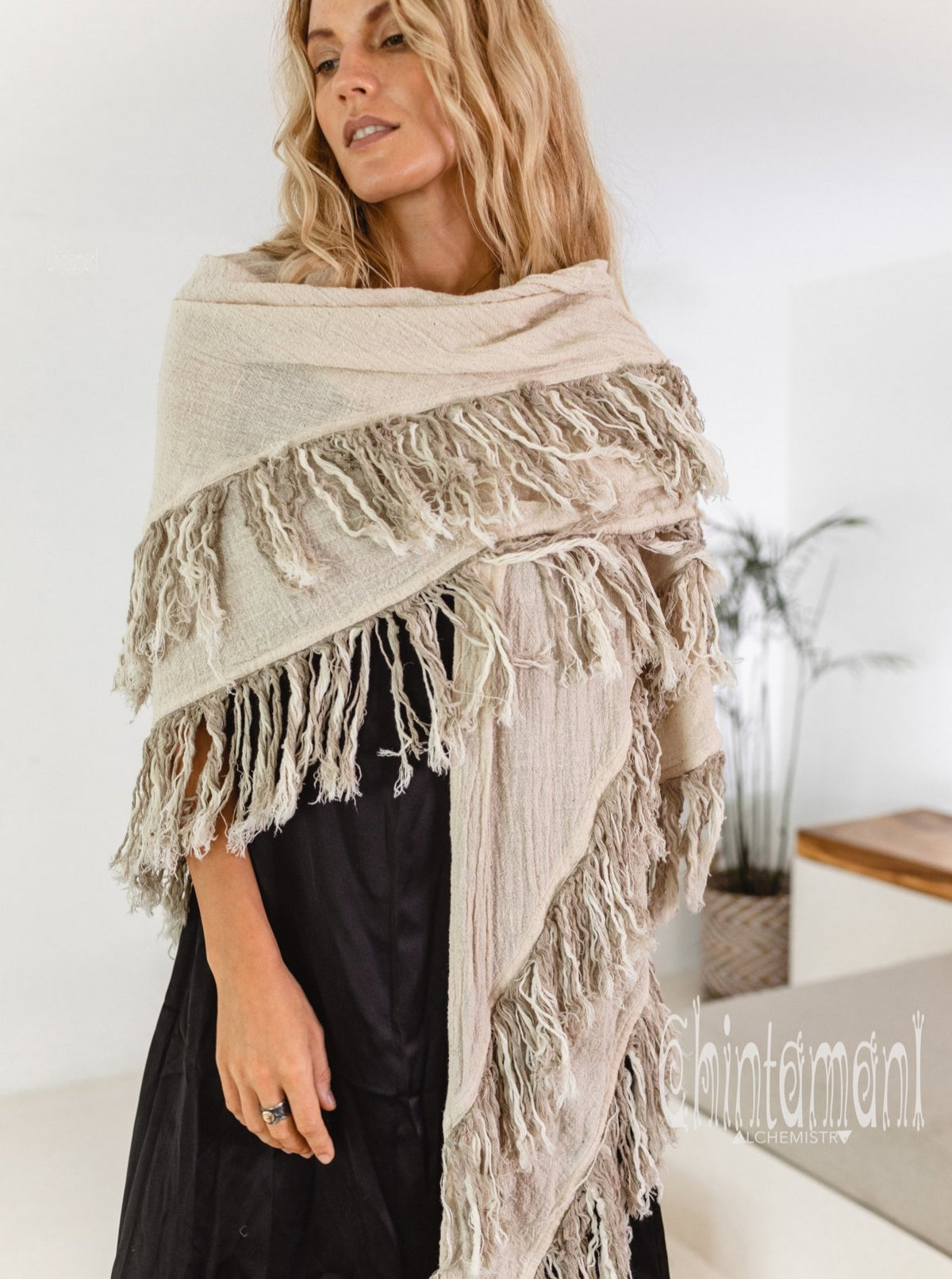 Alma Libra Fringe Boho Shawl ∆ Bohemian Scarf / Off White - ChintamaniAlchemi