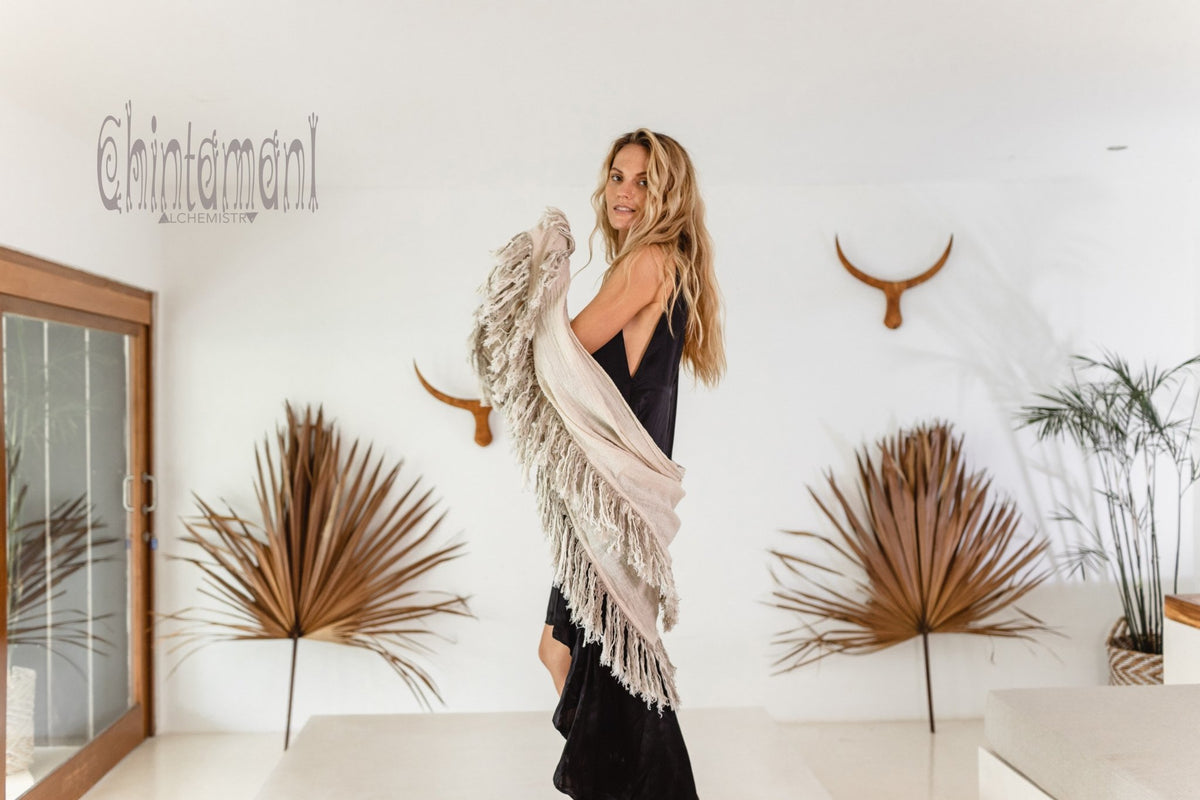 Alma Libra Fringe Boho Shawl ∆ Bohemian Scarf / Off White - ChintamaniAlchemi