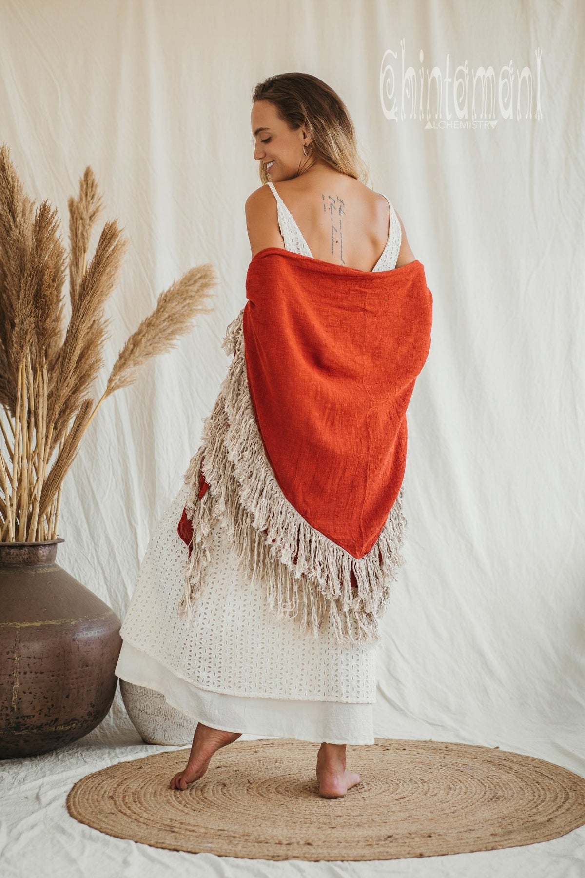 Alma Libra Fringe Boho Shawl ∆ Bohemian Scarf / Red Ochre - ChintamaniAlchemi