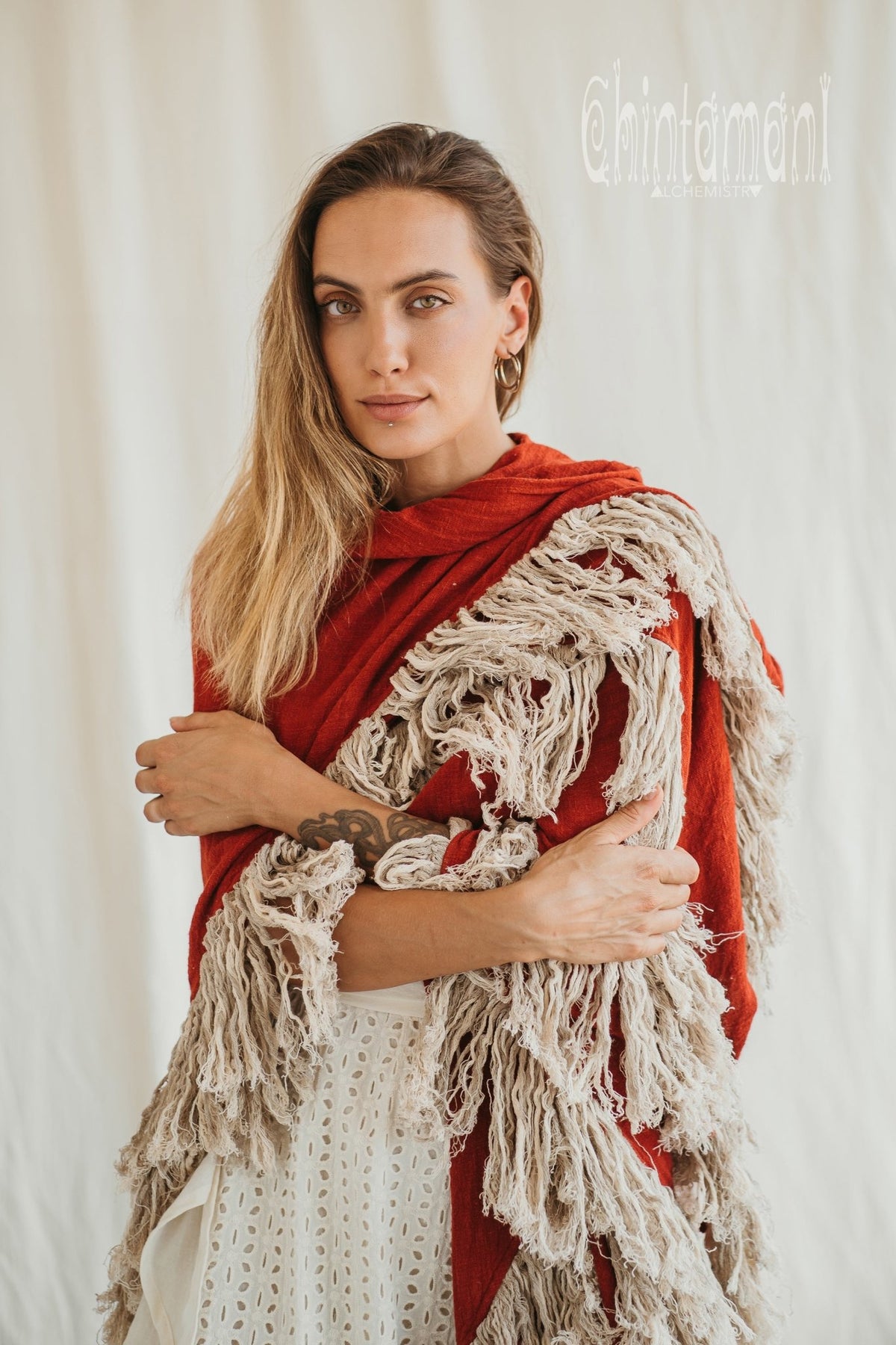 Alma Libra Fringe Boho Shawl ∆ Bohemian Scarf / Red Ochre - ChintamaniAlchemi