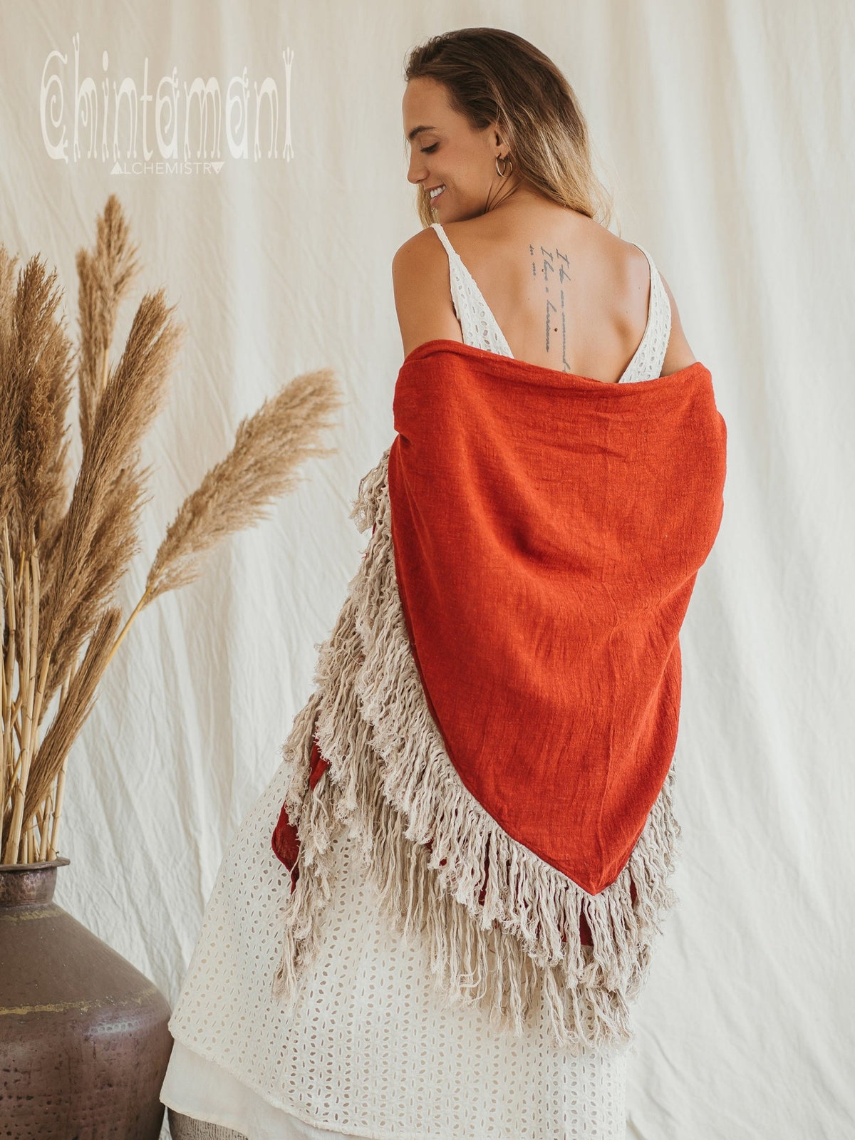 Alma Libra Fringe Boho Shawl ∆ Bohemian Scarf / Red Ochre - ChintamaniAlchemi