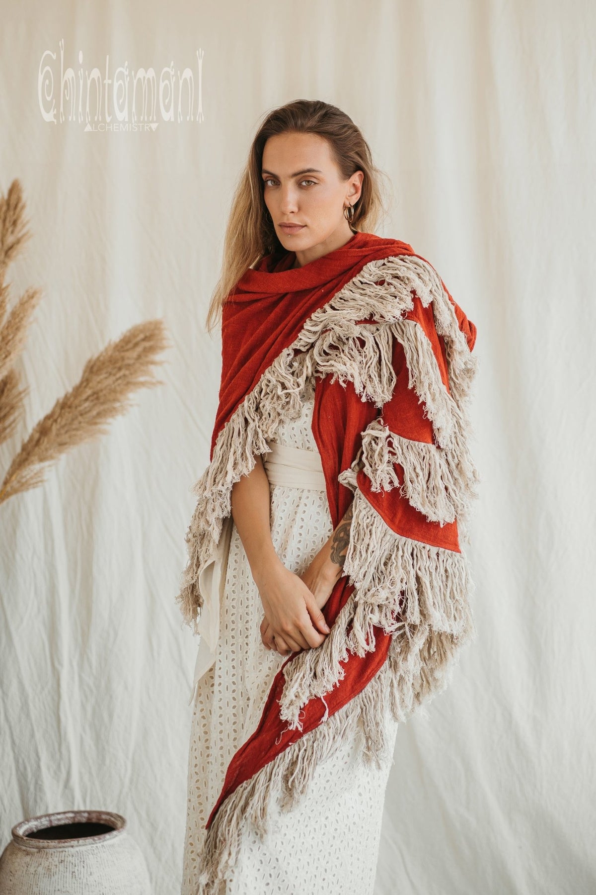 Alma Libra Fringe Boho Shawl ∆ Bohemian Scarf / Red Ochre - ChintamaniAlchemi