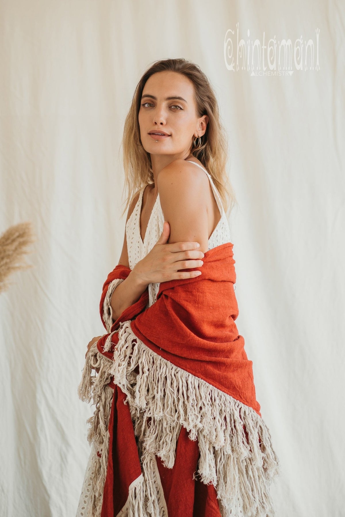 Alma Libra Fringe Boho Shawl ∆ Bohemian Scarf / Red Ochre - ChintamaniAlchemi