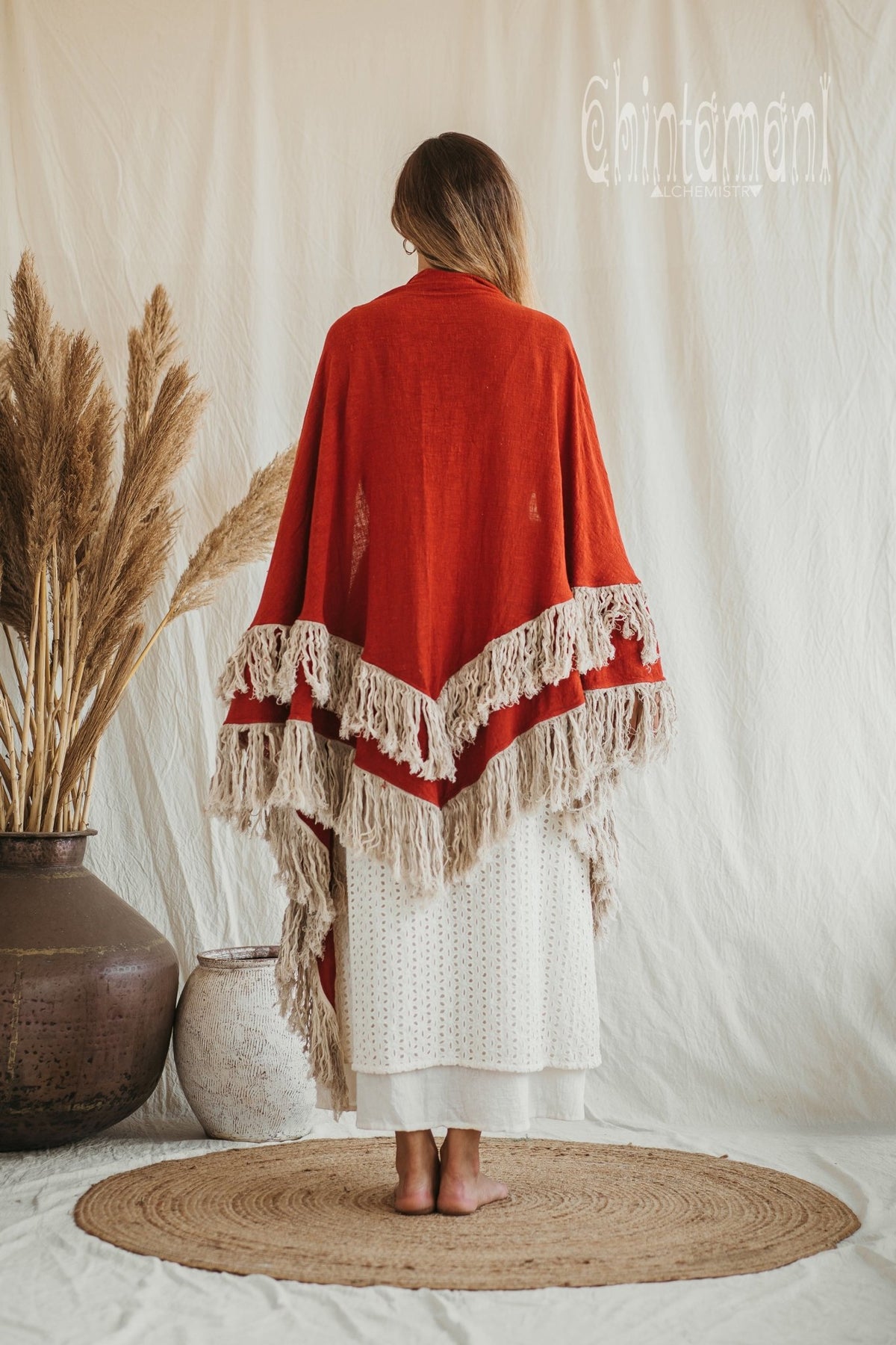 Alma Libra Fringe Boho Shawl ∆ Bohemian Scarf / Red Ochre - ChintamaniAlchemi