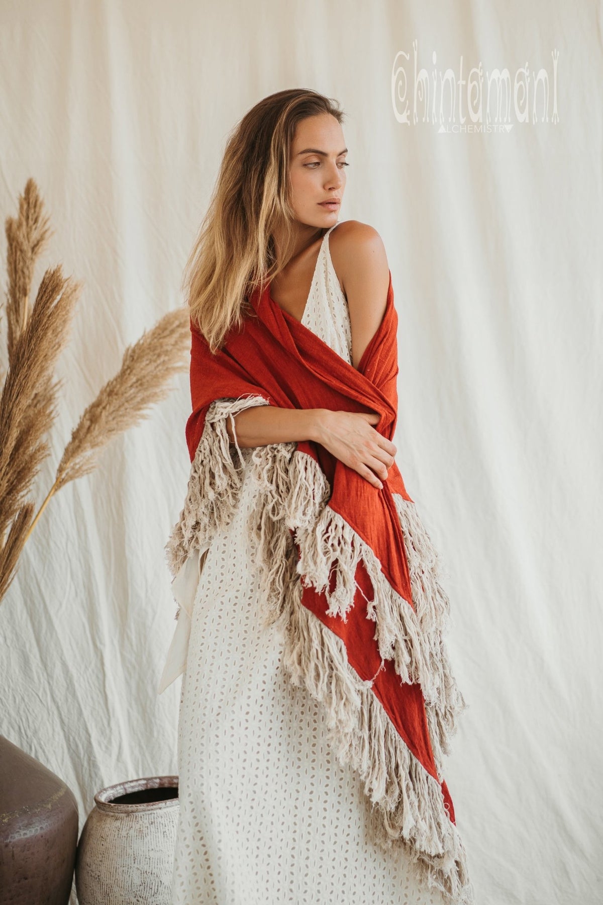 Alma Libra Fringe Boho Shawl ∆ Bohemian Scarf / Red Ochre - ChintamaniAlchemi