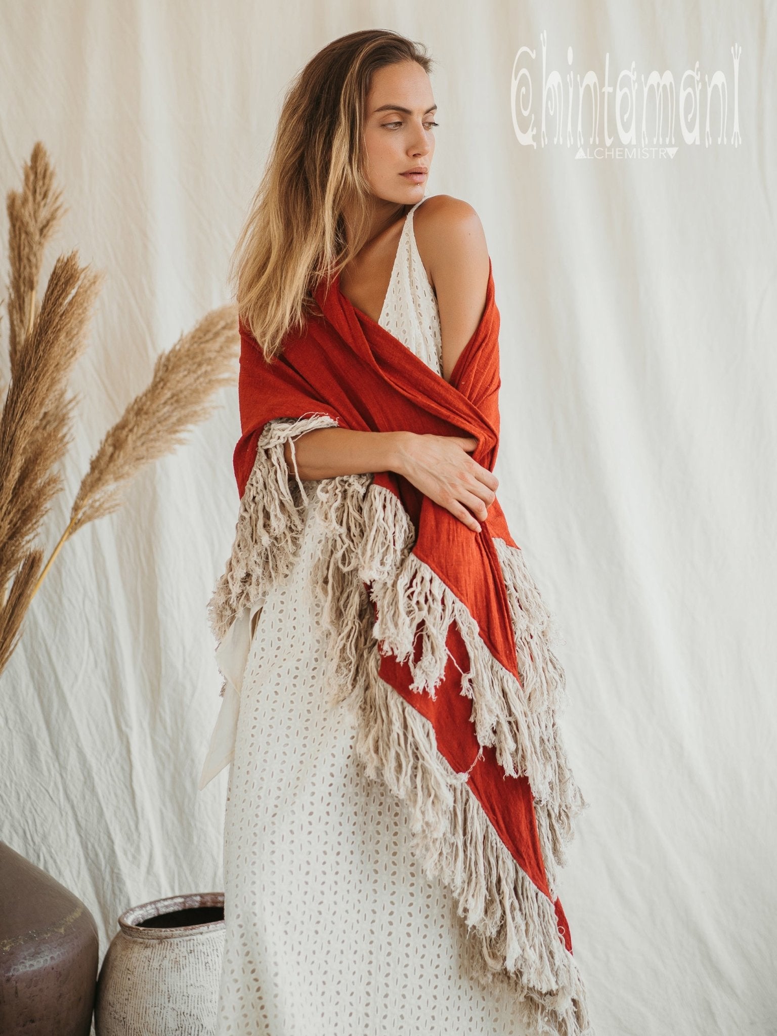 Alma Libra Fringe Boho Shawl ∆ Bohemian Scarf / Red Ochre - ChintamaniAlchemi