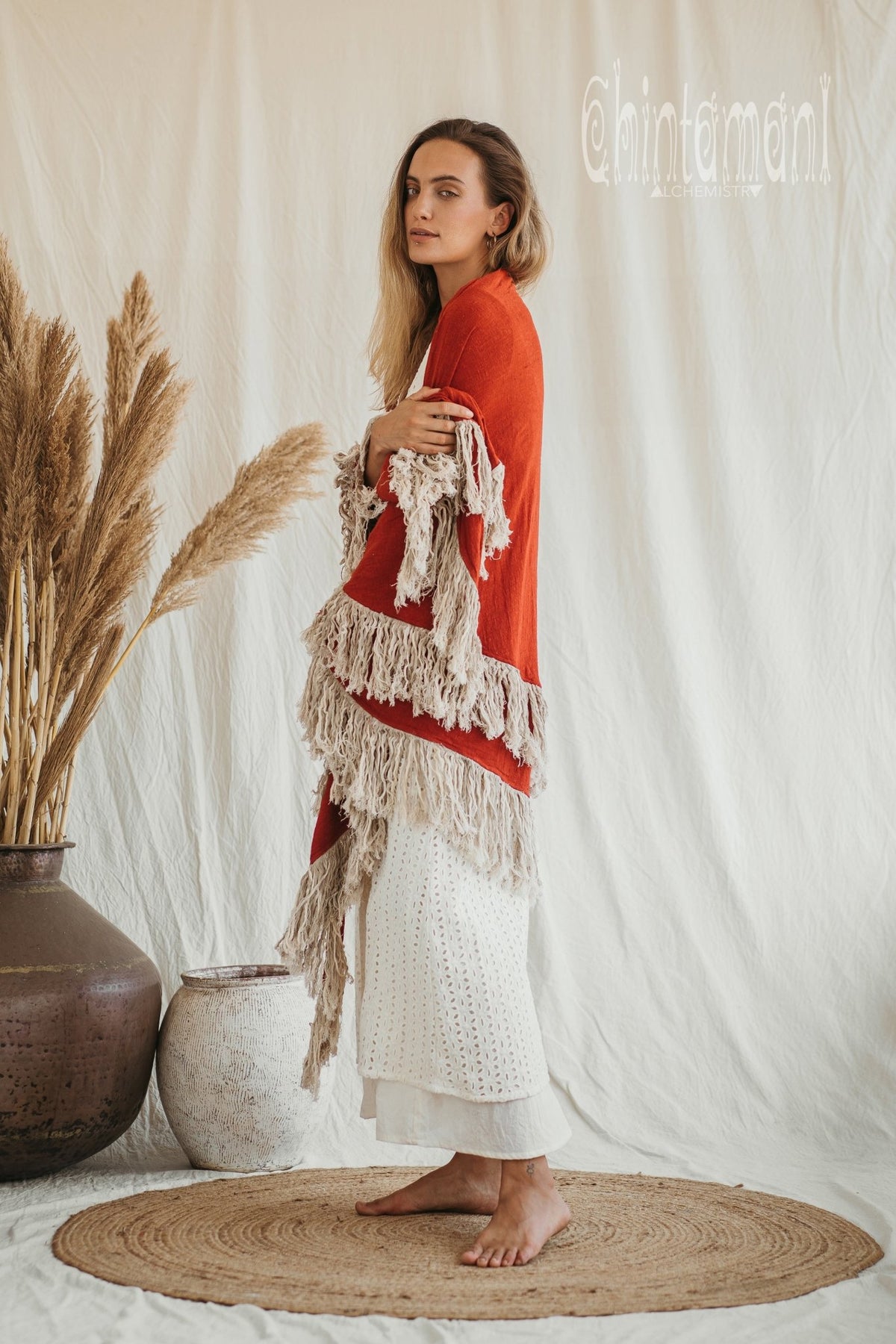 Alma Libra Fringe Boho Shawl ∆ Bohemian Scarf / Red Ochre - ChintamaniAlchemi