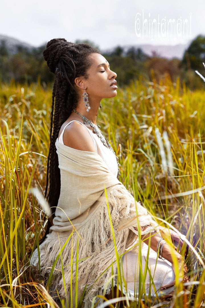 Alma Libra Fringe Boho Shawl ∆ Bohemian Scarf / Sage Green - ChintamaniAlchemi