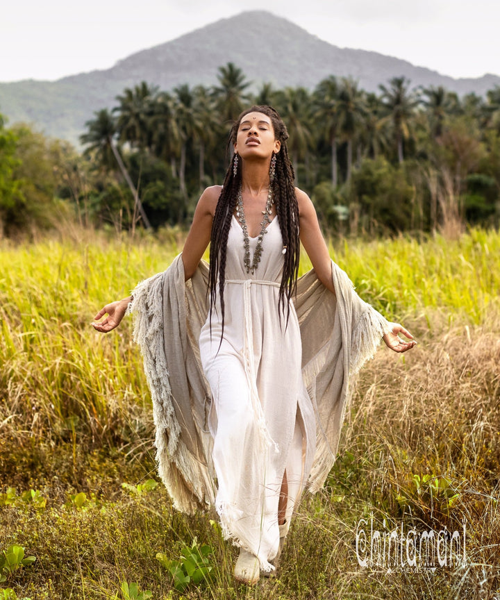 Alma Libra Fringe Boho Shawl ∆ Bohemian Scarf / Sage Green - ChintamaniAlchemi