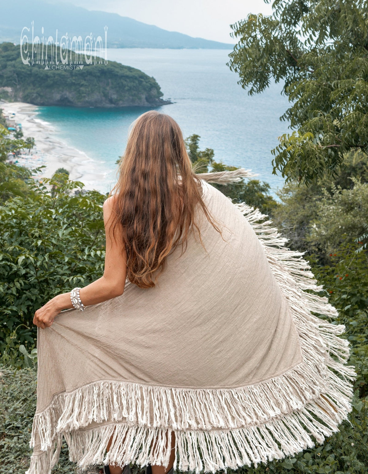 Alma Libra Fringe Boho Shawl ∆ Bohemian Scarf / Sage Green - ChintamaniAlchemi