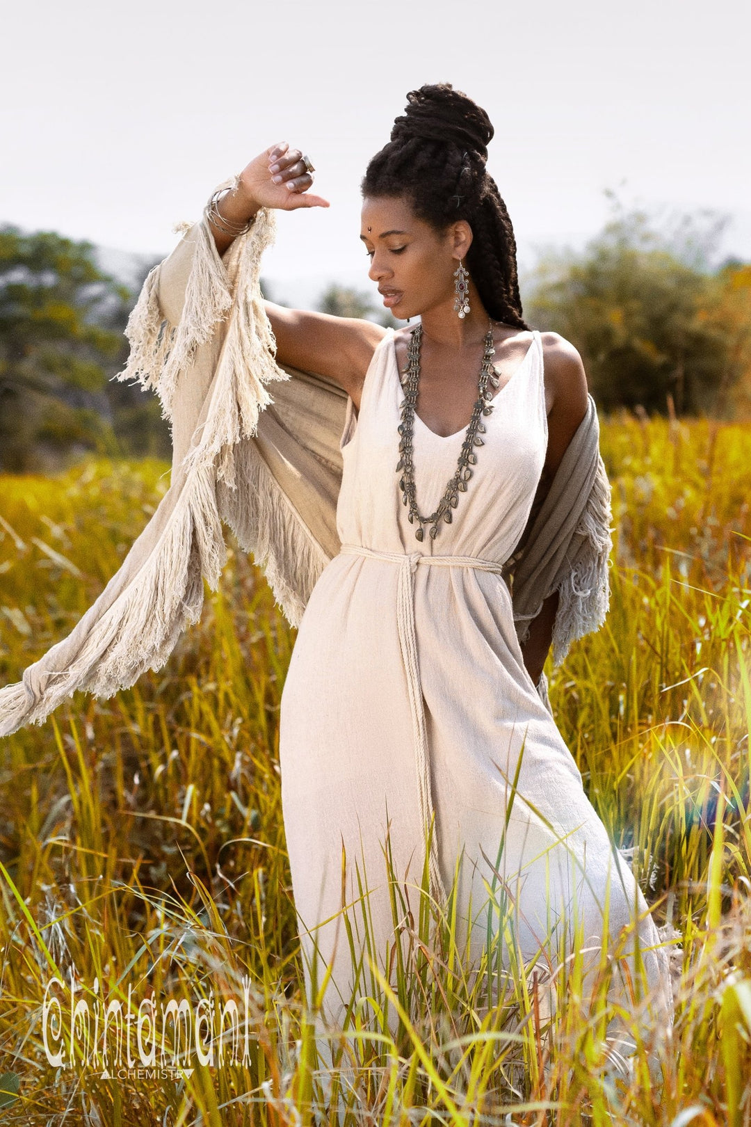 Fringe Boho Shawl / Sage Green - ChintamaniAlchemi Fringe Boho Shawl / Sage Green - ChintamaniAlchemi