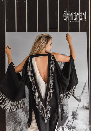 Alma Libra Linen Fringe Kimono ∆ Boho Cardigan Robe / Black - ChintamaniAlchemi