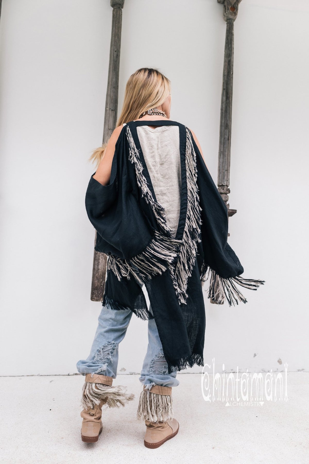 Alma Libra Linen Fringe Kimono ∆ Boho Cardigan Robe / Black - ChintamaniAlchemi