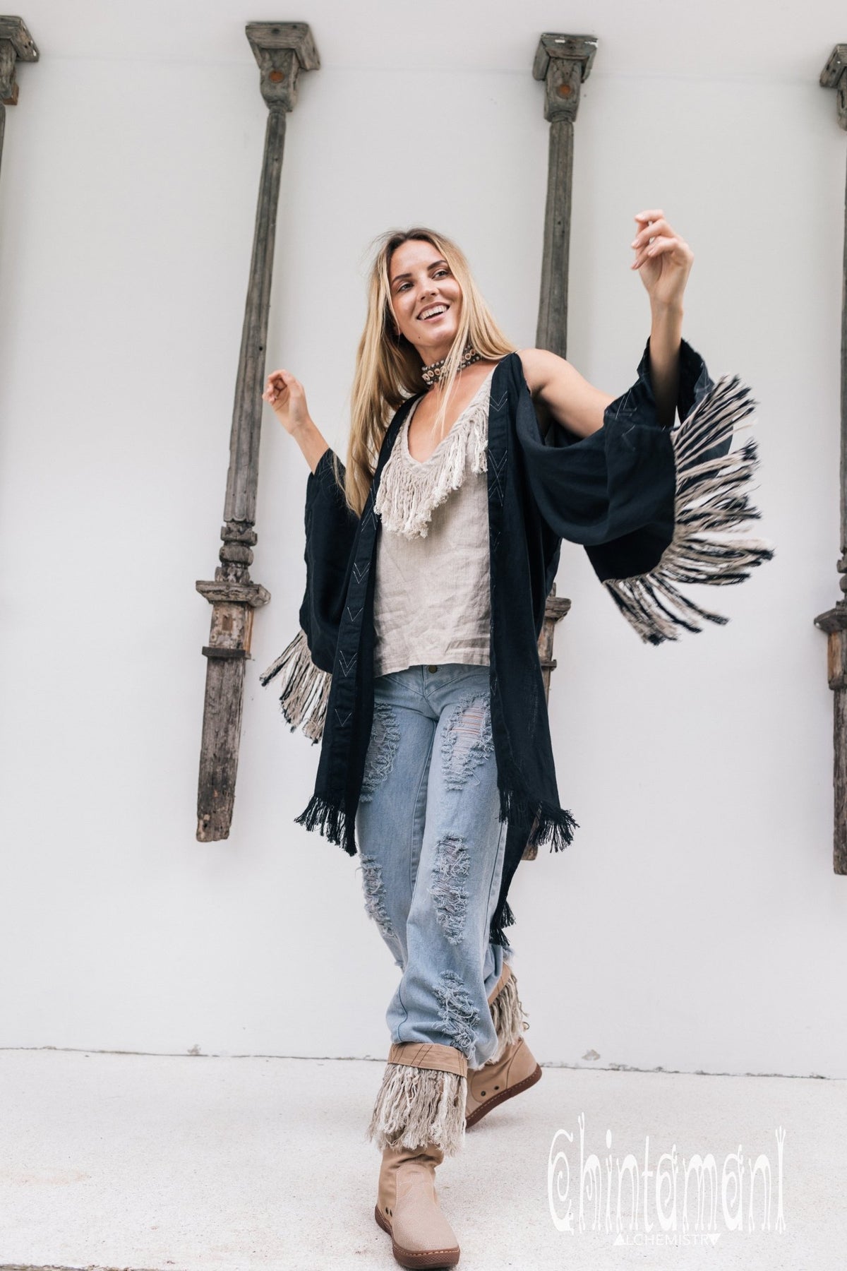 Alma Libra Linen Fringe Kimono ∆ Boho Cardigan Robe / Black - ChintamaniAlchemi